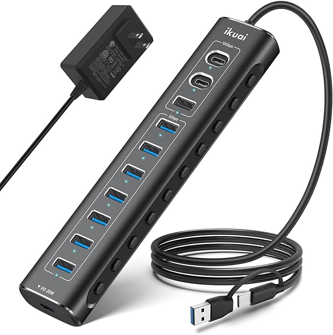 Powered USB Hub, 11-Port ikuai Hybrid USB 3.2/ USB C Hub with PD Charging Port and 60W Power Adapter, Aluminum USB Splitter Including 3 10Gbps Ports and 7 USB 3.0 Ports for PC, Laptop and More