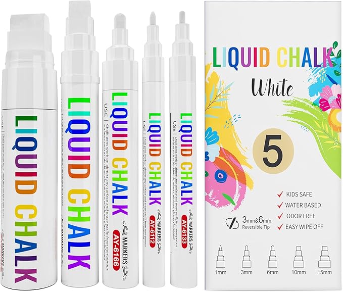 White Chalk Markers For Chalkboard, Liquid Chalk Markers Erasable 5 Variety Pack - 1mm Ultra Fine Tip, 3mm Fine Tip, 6mm Medium, 10mm Bold, 15mm Jumbo For Blackboard, Car Window, Signs, Glass, Bistro