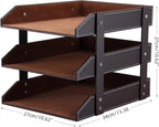 KINGFOM Letter Tray, Leather Paper Organizer Tray, Wooden Desk File Holder, Desktop File, Stackable Magazine Holder, Mail Sorter, Great for Home or Office - 3 Level Brown