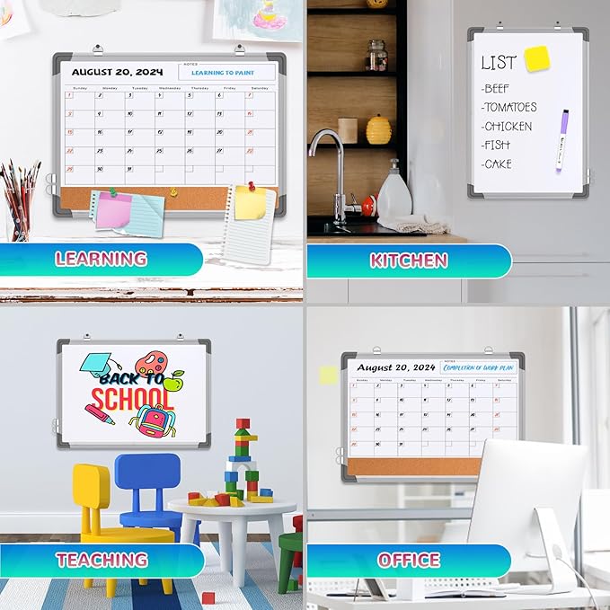 Monthly Calendar Whiteboard Dry Erase Cork Board Combination for Wall, 24"x18" Magnetic Dry Erase Board, Double-Sided White Board, Portable Board for Office, Kitchen, Planning, Memo, School, Home