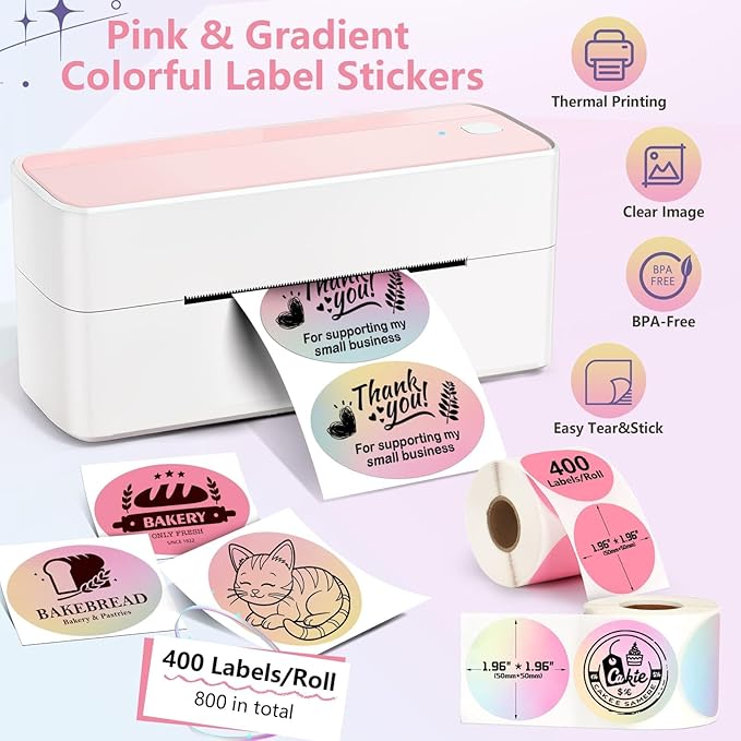 2 Rolls Colorful Thermal Labels,1.96'' Round Label Sticker for Phomemo 241BT,for MUNBYN 130B/RW402B Printer,800Pcs Waterproof Label Paper for Address/Logo/Barcode/Name/Thanks