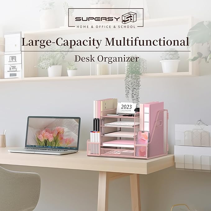 SUPEASY Mesh Desk Organizer with File Holder, 5-Tier Paper Letter Tray Organizer with Magazine Holder, Desktop Organizer and Storage with Drawer for Office Supplies Home or School, Pink