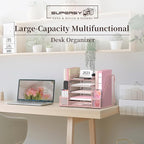 SUPEASY Mesh Desk Organizer with File Holder, 5-Tier Paper Letter Tray Organizer with Magazine Holder, Desktop Organizer and Storage with Drawer for Office Supplies Home or School, Pink