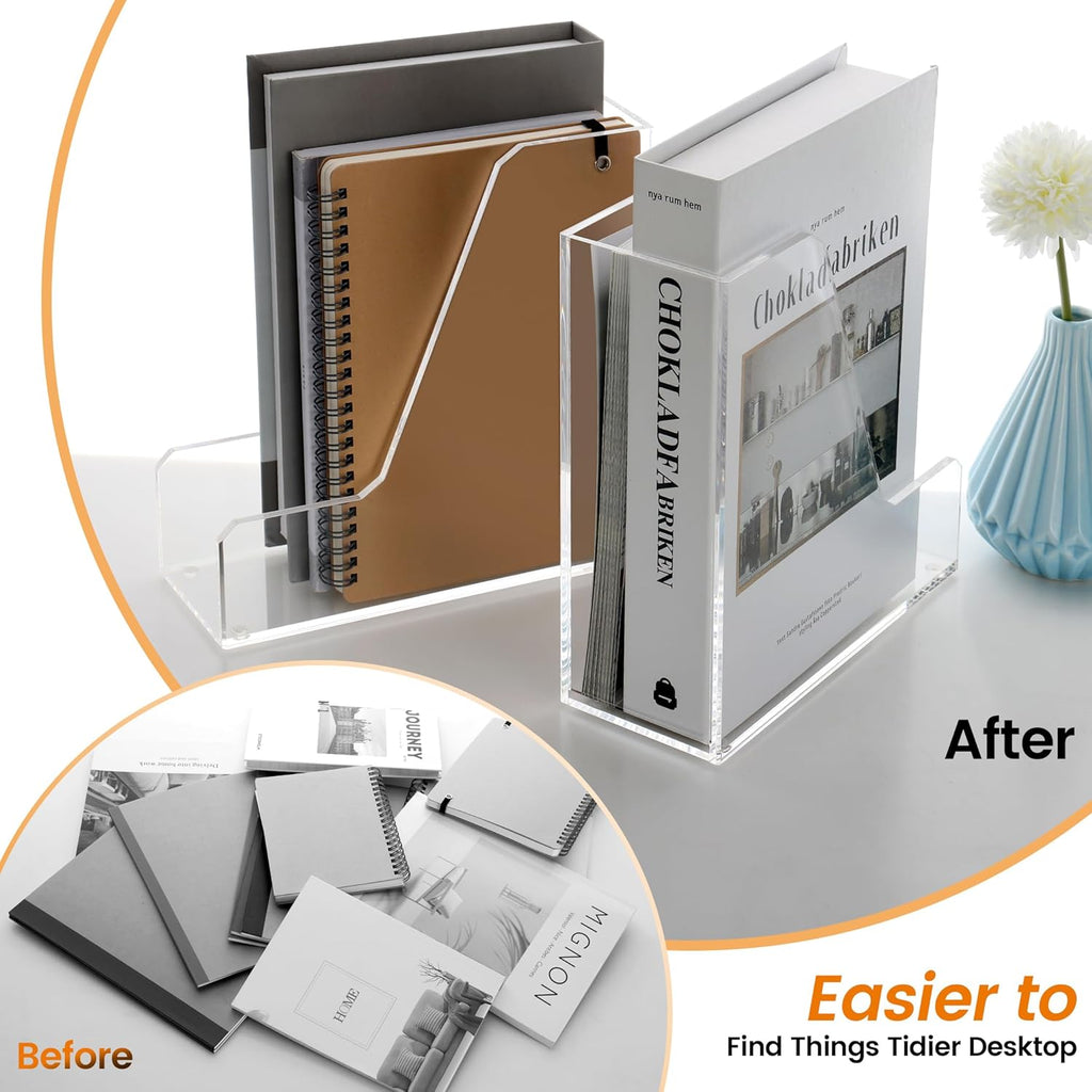 Acrylic Magazine Rack File Holder Desk Organizers and Storage 2-Pack Small Clear Acrylic Vertical Magazine Holder Book Stand for Office Desk