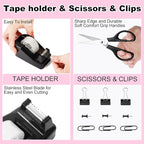 Black Desk Organizers and Accessories 10Pcs Set with 360-Degree Rotating Pen Holder, Tape Dispenser, Stapler, Staple Remover, 1000 Staples, Tape, Clips Set, Ruler, Scissor, Pen (Black)