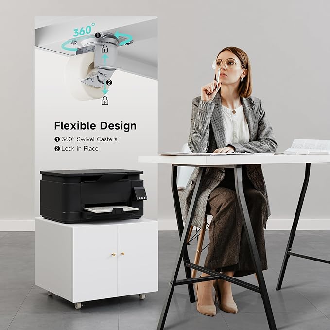 Warmiehomy Metal Printer Stand with Storage Mobile Printer Tables for Small Spaces with Door Adjustable Shelf White File Cabinet on Wheels for Home Office