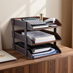 KINGFOM Letter Tray, Leather Paper Organizer Tray, Wooden Desk File Holder, Desktop File, Stackable Magazine Holder, Mail Sorter, Great for Home or Office - 3 Level Brown