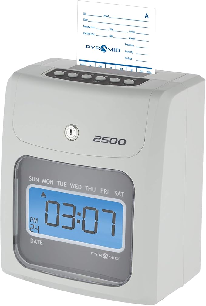 Pyramid Time Systems - Model 2500 Auto Aligning and Top Loading Time Clock [2500K1] Bundle Includes: Time Clock, 100 Time Cards, 2 Ink Ribbon cartridges, one 10 slot time card rack and 2 Security Keys