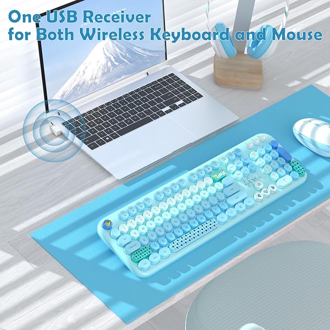 Wireless Keyboard Mouse Combo, MOFII 104 Round Keys Lovely Full-Size Cute Colorful Keyboard and Mouse with Retro Typewriter for PC/Mac/Laptop/Tablet/Computer/Windows Blue