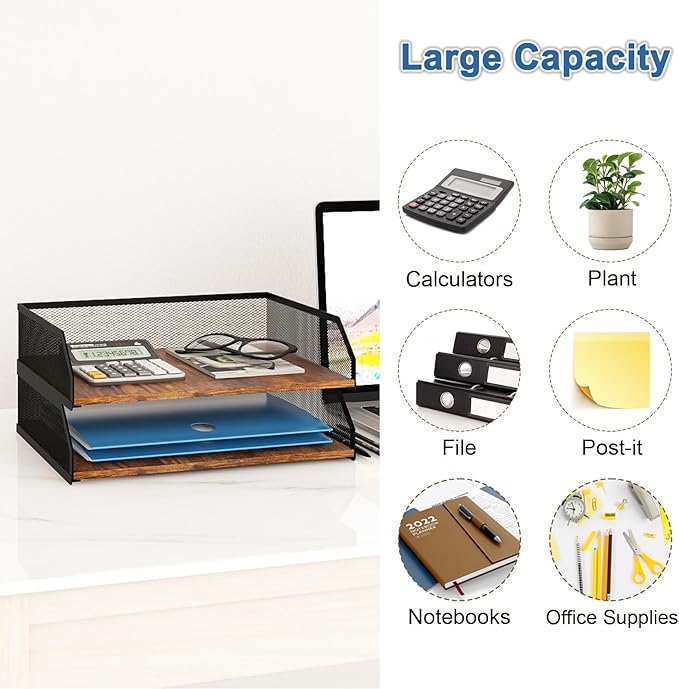 Natwind 2-Tier Stackable Paper Tray, Metal Mesh Desktop Organizer, Paper Sorter, Letter Trays,File Document Storage Rack for for Home, Office, School (Retro)