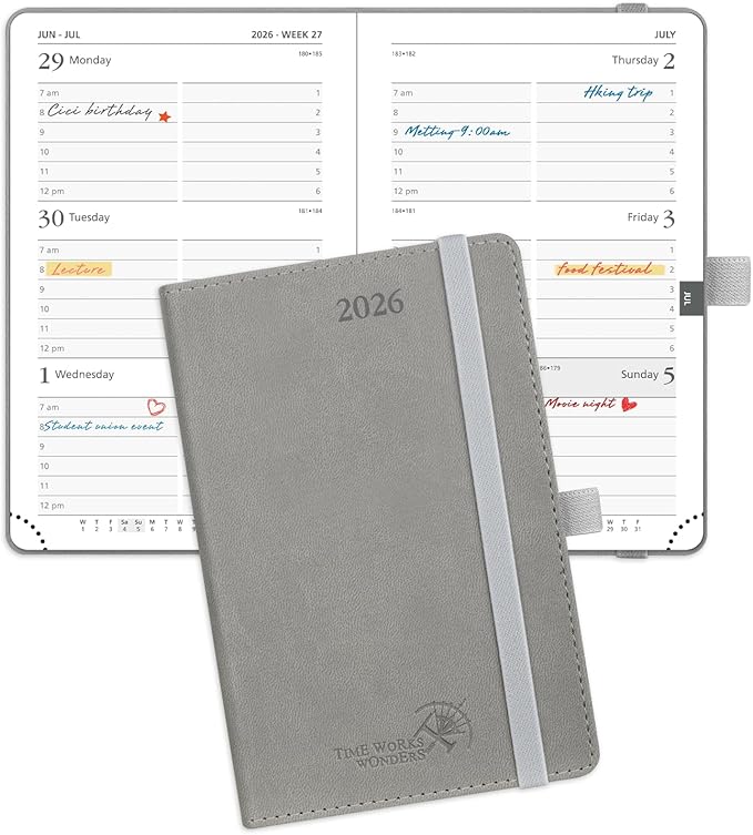 POPRUN Pocket Calendar 2026 (Small Size- 4'' x 6.25") Weekly and Monthly for Purse - Planner 2026 (Jan. 2026 - Dec. 2026) with Vegan Leather Soft Cover, Plastic Ruler, Pen Holder and More - Grey