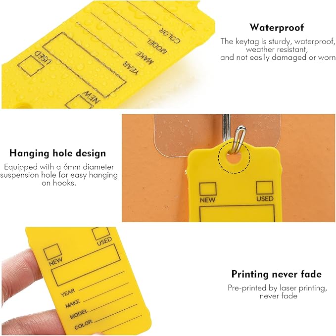100 Car Key Tags with Labels Plastic Car Dealership Key Tags Self Locking Automotive Identifiers Blank Shop Labels with One Pen (Yellow)