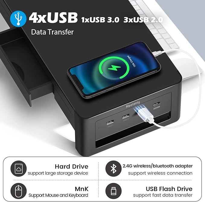 meatanty 2 in 1 Monitor Stand Riser with 2 Storage Drawers and 4 USB Ports, Metal Computer Monitor Stand Supports Transfer Data and Charging, Desk Organizer for PC,Laptop,iMac (21 inches)