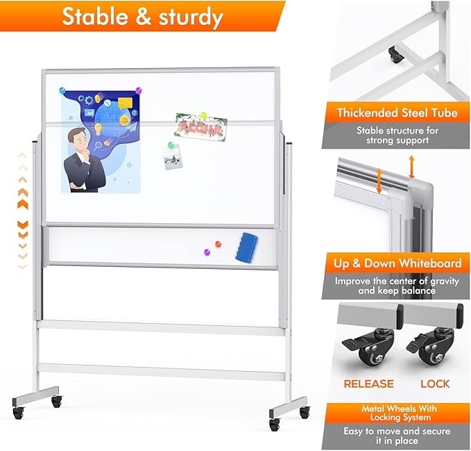 maxtek Dry Erase Whiteboard Height Adjustable, Easel Stand Rolling White Board on Wheels - 48 x 60 Large Mobile Dry Erase Board, 4' x 5' Double Sided Magnetic Whiteboard for School Office Home