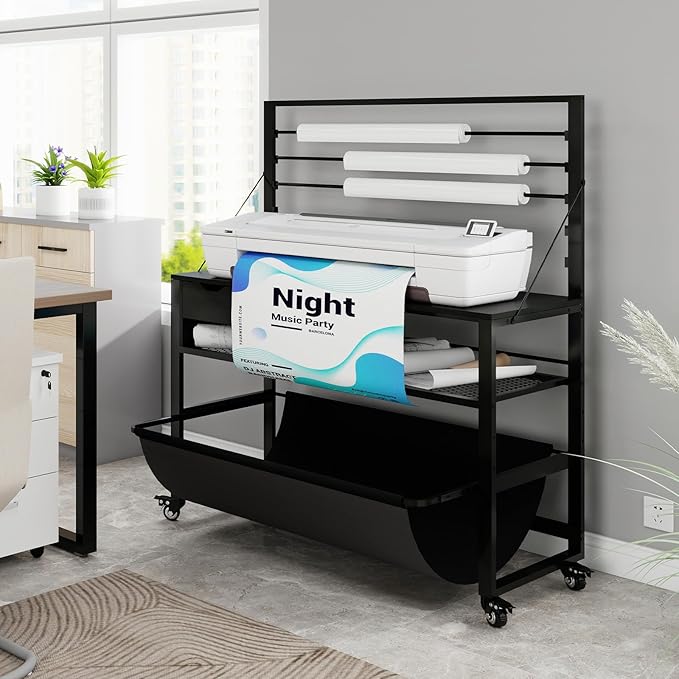 Natwind Wide Format Printer Stand, Plotter Workbench Table with Pull-Out Drafting Storage, Roll Paper Holder, Accessory Drawer, Adjustable Storage Shelf for Plotters and Cutting Machines (Black)