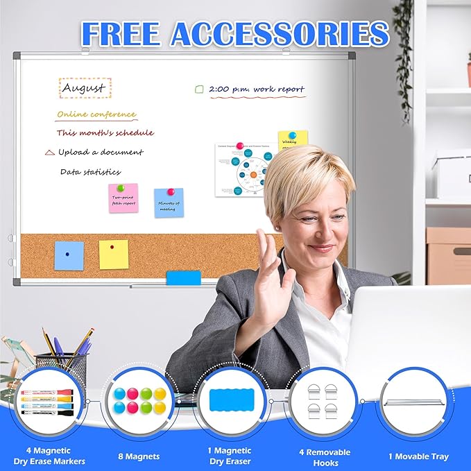 Whiteboard Cork Board Combo for Wall, WALGLASS 36" x 24" Double-Sided Large Dry Erase Whiteboard Corkboard Combination, Hanging Wall Mount Bulletin Board with Aluminum Frame for Office, Home, School