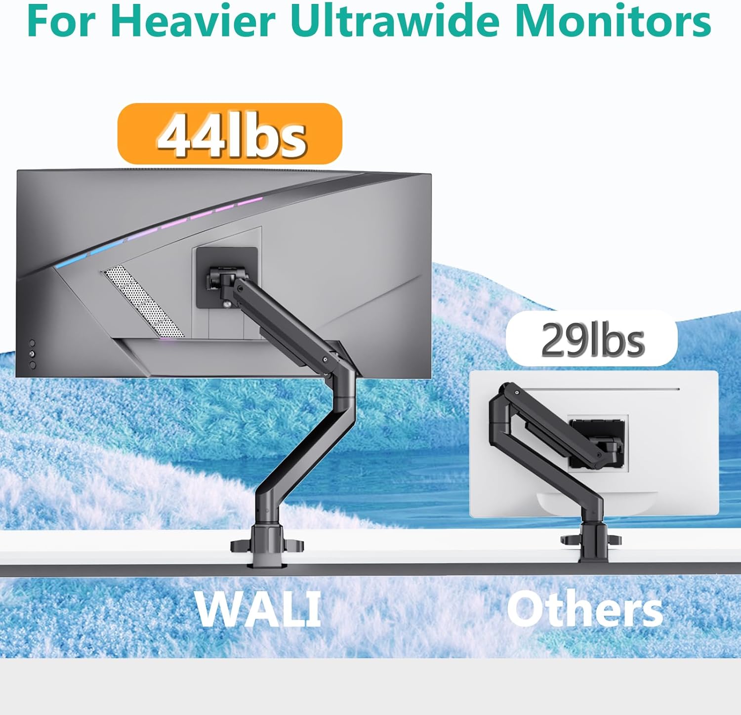 WALI Ultrawide Monitor Arm for 17 to 49 Inch Heavy Duty Curved Screens, Holds 44 Lbs, Adjustable Gas Spring Single Monitor Desk Mount for Samsung Odyssey G9, 75x75/100x100 VESA (GSM001XL-P), Black