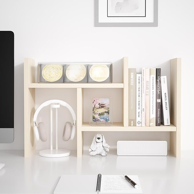 Jerry & Maggie Desktop Organizer Office Storage Rack Adjustable Wood Display Shelf Free Style Double H, Multi-Functional Mini Bookshelf for Desk Natural Stand (White Wood Tone)