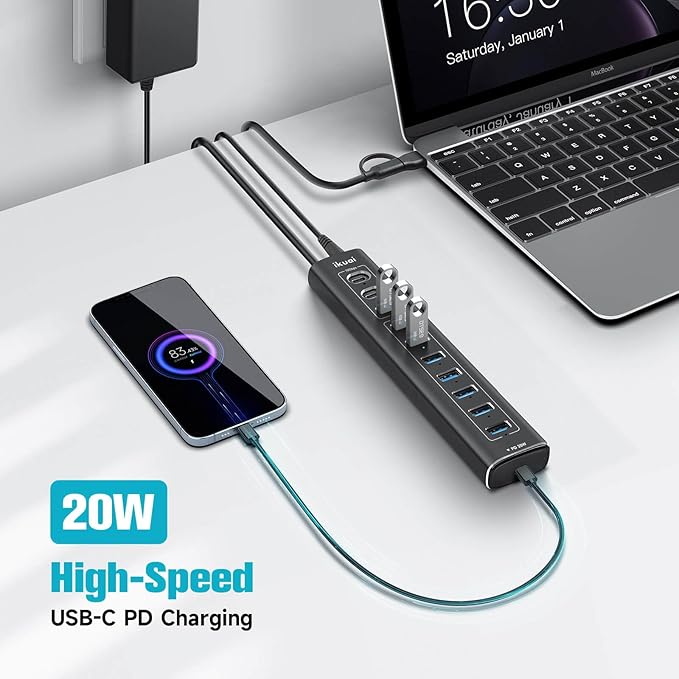 Powered USB Hub, 11-Port ikuai Hybrid USB 3.2/ USB C Hub with PD Charging Port and 60W Power Adapter, Aluminum USB Splitter Including 3 10Gbps Ports and 7 USB 3.0 Ports for PC, Laptop and More