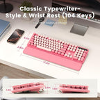 Wireless Keyboard, Round Keycaps, Retro Typewriter Keyboard with Detachable Wrist Rest, Sleep Mode, Foldable Legs, 2.4GHz Full-size Cordless Computer Keyboard for Windows/PC/Laptop (Baby Pink)