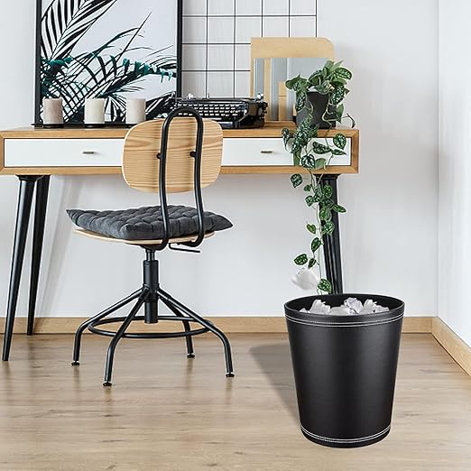 Pu Leather Trash Can, 2.6 Gallon Black Bathroom Trash Can, Small Office Garbage Can Wastebasket for Bedroom, Kitchen, Round Trash Bin Decorative Under-Sink/Desk/Home Easy to Clean