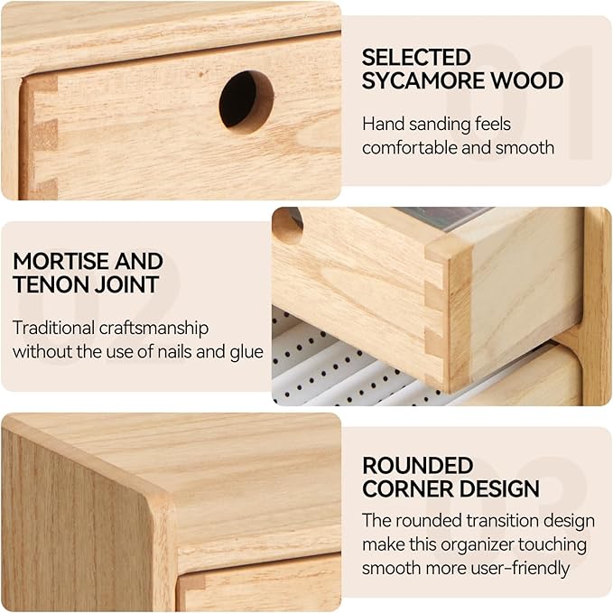 KIRIGEN Desk Organizer with 3 Drawers - Wood Drawer Storage Box with Trays for Tabletop - Workspace Office Toiletries Supplies Tool Caddy - Wooden Storage Cabinet Natural（DT1D3C-NA）