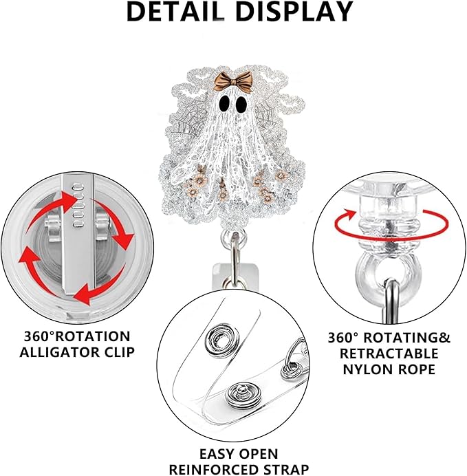 Ghost Badge Reel Retractable Badge Clips Holder with Alligator Clip Glitter Cute Halloween Spooky Badge Holders Spider Web Designs for Nurses Doctors RN EN Paramedic Medical Office