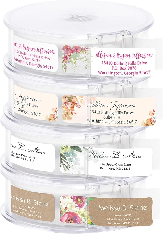 Kraft Faux Look Floral Rolled Address Labels/Roll of 500 Personalized Address Labels/Designer Return Address Stickers in Elegant Plastic Dispenser