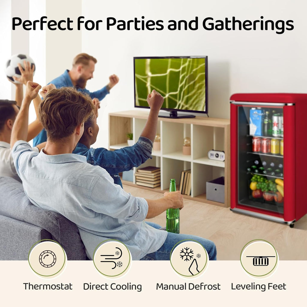4.9 Cu.Ft Retro Small Beverage Refrigerator Cooler with Double Tempered Glass Door, 120 Can Wine Drink Beer Mini Fridge for Office Bedroom Bar with 7 Temperatures, Adjustable Shelves, Red