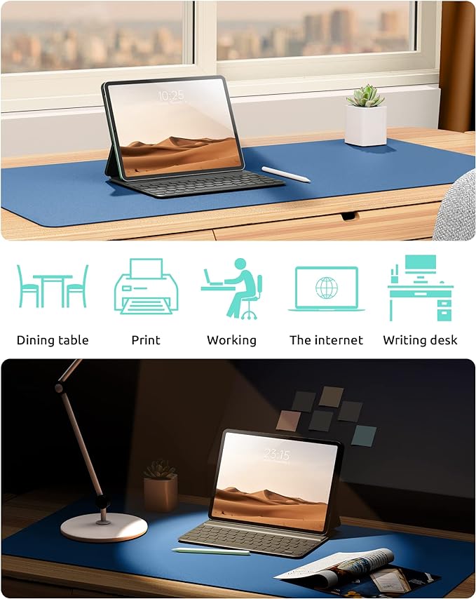 YSAGi Leather Desk Protector, Office Mat, Large Mouse Mat, Non-Slip PU Leather Blotter, Laptop Desk Pad, Waterproof Writing Pad for Office and Home (Sea Blue, 23.6" x 13.8")
