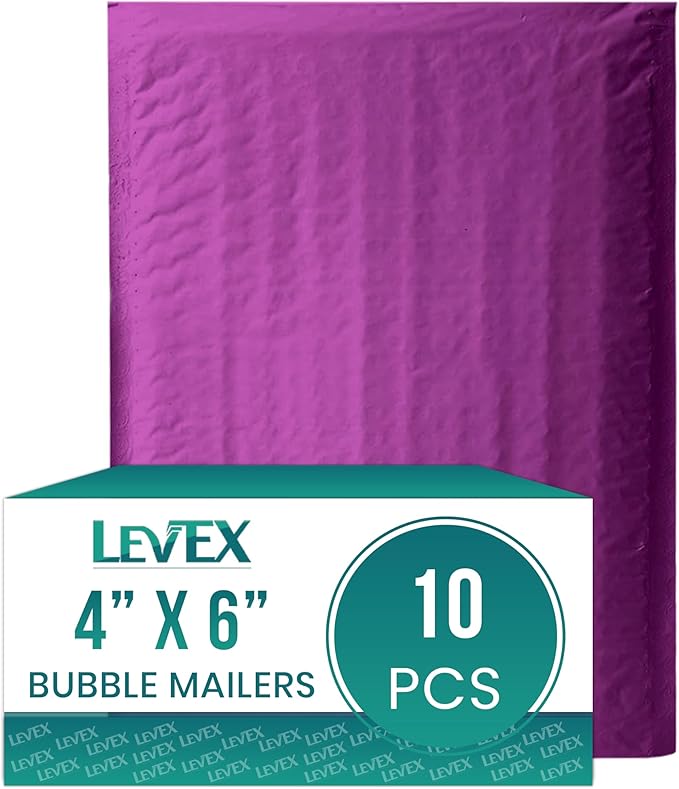 Levex - #0000 4" x 6" [10 Pack] Purple Poly Bubble Mailers, Padded Envelope Mailers, Packing Envelope & Mailing Bags for Shipping