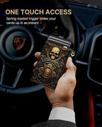 typecase Mens Wallet Card Holder: Pop Up Aluminum Case, Carbon Fiber Leather, Smart, RFID Blocking, Slim, Minimalist, Front Pocket - 9-14 Card Capacity | ID Window | Cash Slot (Skull)