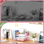 Marbrasse Desk Organizer and Accessories，4-Tier Paper Letter Tray Organizer with File Holder, Workspace Desk Organizers Accessories with Drawer and 2 Pen Holder (Pink, 15.4" x 9.1" x 8.3")