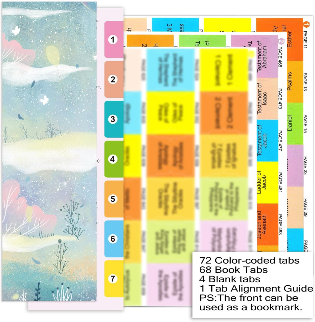 Index Tabs for The Complete 100-Book Apocrypha,2024 Edition 72 Color Coded Laminated Durable Tabs, 68 Books Chapter Tabs, 4 Blank Tabs,1 Placement Guide Card (Book Not Included)