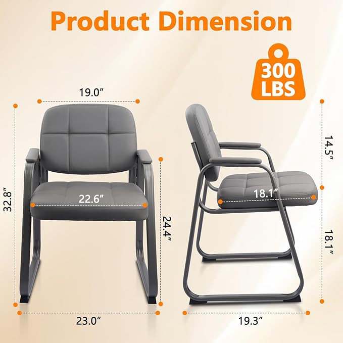 CLATINA Waiting Room Guest Chair with Bonded Leather Padded Arm Rest for Office Reception and Conference Desk Black with Sled Base Grey 8 Pack