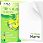 Printable Vinyl Sticker Paper for Laser Printer - Matte White - 50 Self-Adhesive Sheets - Waterproof Decal Paper - Standard Letter Size 8.5"x11"