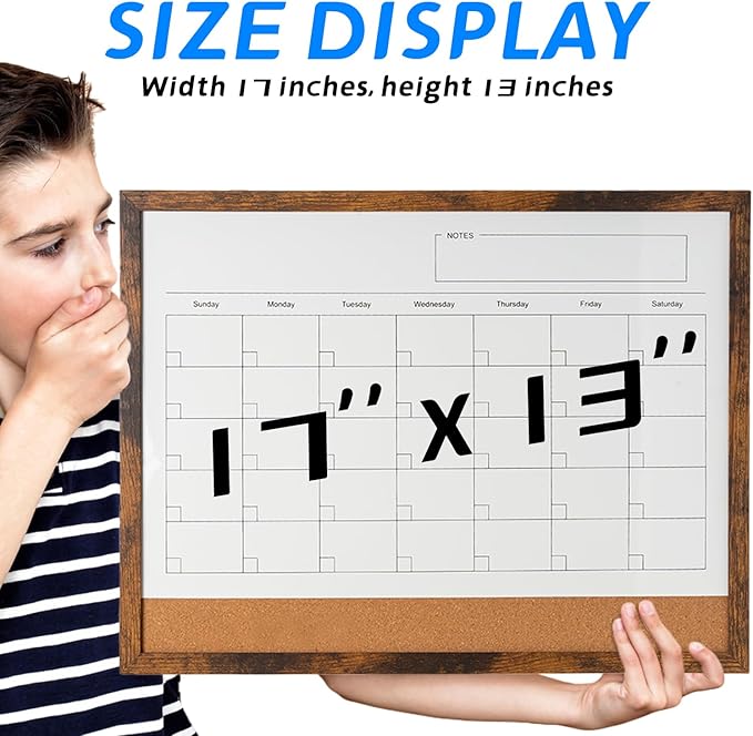 Dry Erase Calendar Whiteboard, 17" x 13" Magnetic Whiteboard Cork Board Combo, Reusable Monthly Planner with 8 Markers, Eraser, Magnets and Pushpins, Hanging Dry Erase Board for Home, School - Brown