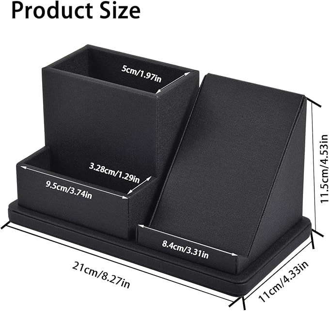 Pu Leather Desk Pen/Pencil Organizer Multi-Function Cell Phone/Remote Control Storage Box with 3 Compartments Office Supplies Sticky Note Tray Business Cards Holder,Black