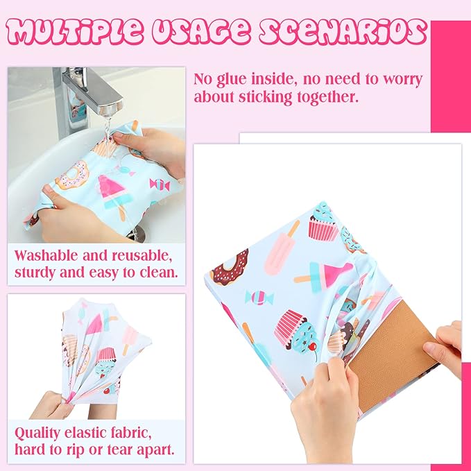 6 Pack Stretchable Book Cover Jumbo Fabric Book Covers Colorful Pattern Print Book Protector Washable Reusable Protective Textbook Cover for Hardcover Textbooks up to 9 x 11 Inch (Dessert Pattern)