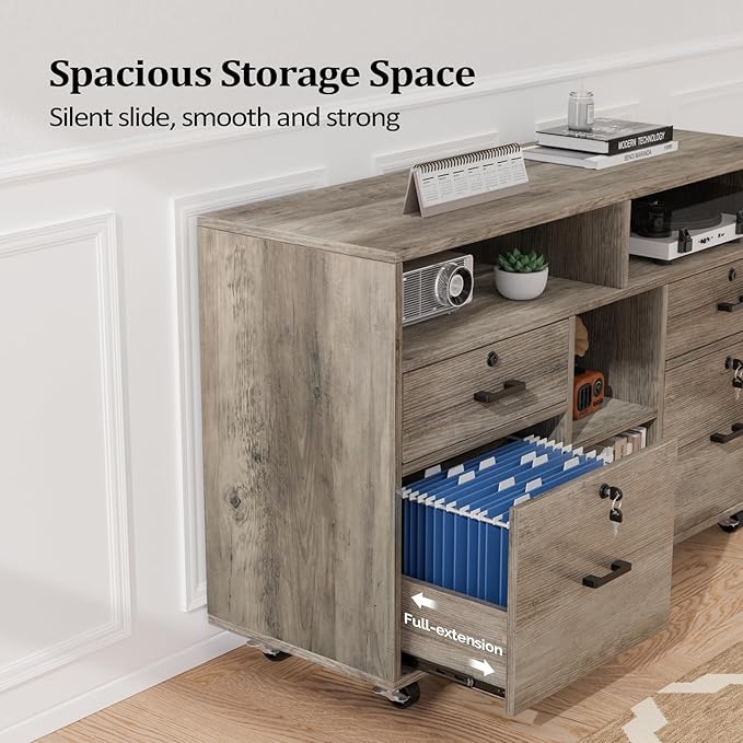 VINGLI Wide 4 Drawer File Cabinet with Lock, Rustic Grey Rolling File Cabinet with Open Shelves, Lockable Printer Stand, Letter Sized
