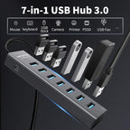 4Ft 7-Port USB 3.0 Hub for Desktop - Aluminium USB Extender Hub 5Gbps, USB Multiport Adapter, USB Splitter, USB Hub Long Cable for Desktop, PC, Flash Drive, Mobile HDD, Windows/XPS, 1.2m