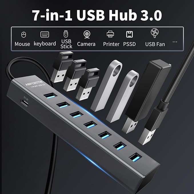 4Ft 7-Port USB 3.0 Hub for Desktop - Aluminium USB Extender Hub 5Gbps, USB Multiport Adapter, USB Splitter, USB Hub Long Cable for Desktop, PC, Flash Drive, Mobile HDD, Windows/XPS, 1.2m