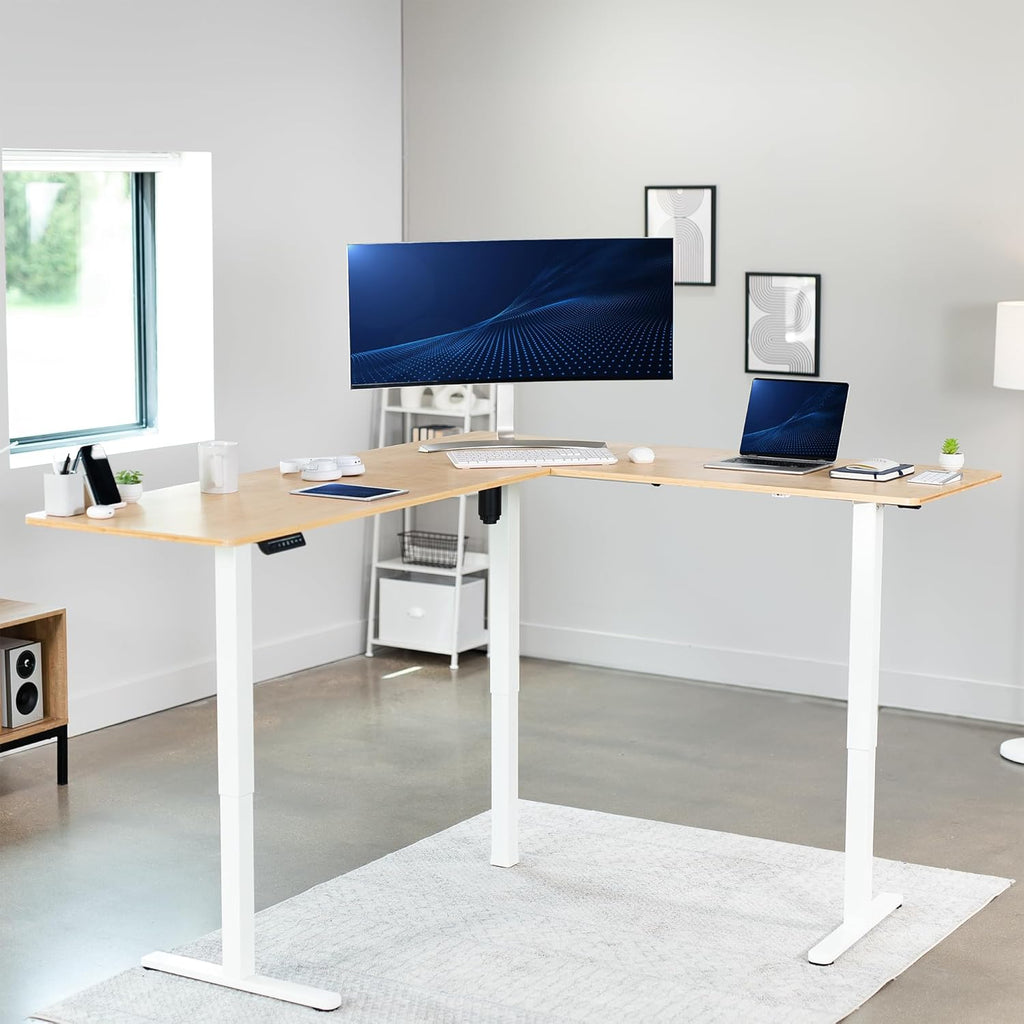 VIVO Electric Corner L-Shaped 75 x 63 in Real Bamboo Standing Desk, Memory Height Adjustment, White Frame, DESK-E3CTWO-75