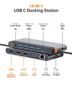USB C Docking Station Quad Display, 14-in-1 Laptop Docking Station Dual Monitor, 8K@30Hz DP, Dual 4K@60Hz HDMI, VGA, 5 USB Data Ports, 100W PD, Ethernet, SD/TF, Mic/Audio, USB C HUB, Thunderbolt Dock
