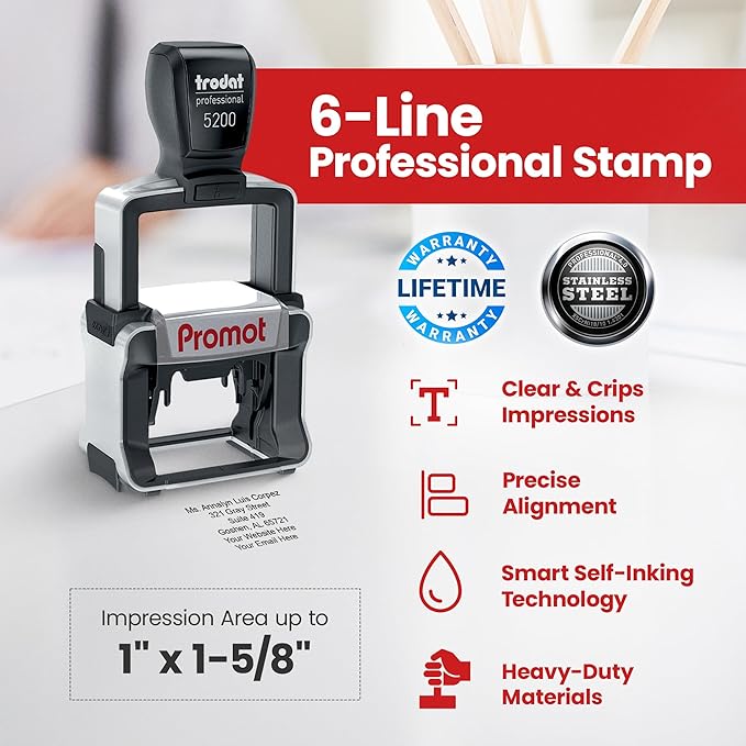 Promot Small Professional Stainless Steel Stainless Steel Self Inking 6 Lines Custom Stamp - Personalized Office Stamp