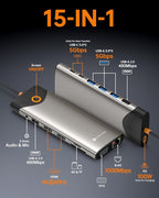 NOVOO USB C Docking Station Dual Monitor, 15 in 1 Laptop Docking Station 3 Monitors with 2 HDMI,VGA,USB C/A Ports, 100W PD, RJ45, SD/TF and Audio, Multiport Adapter for MacBook/Dell/iPhone/HP/Lenovo