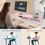 Dual Monitor Stand Riser, Desk Organizer with Drawer, Office Desk Organizers and Accessories, Office Workspace Organization Computer Monitor Stand for Laptop, Printer, TV（Pink）