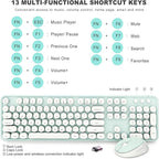 Wireless Keyboard and Mouse Combo, Ergonomic Full Size Typewriter Retro Round Keycaps Keyboard, Compatible with Windows, PC, Perfer for Home and Office Keyboards（Green）