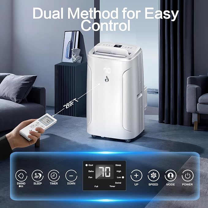 14,000 BTU Portable Air Conditioners, 4-in-1 Air Conditioner with Dehumidifier, Fan, 2 Speeds Cools Room up to 700 Sq.Ft, 24H Timer, Smart Auto-off, Remote Control & Window Kit for Home, Room, Office