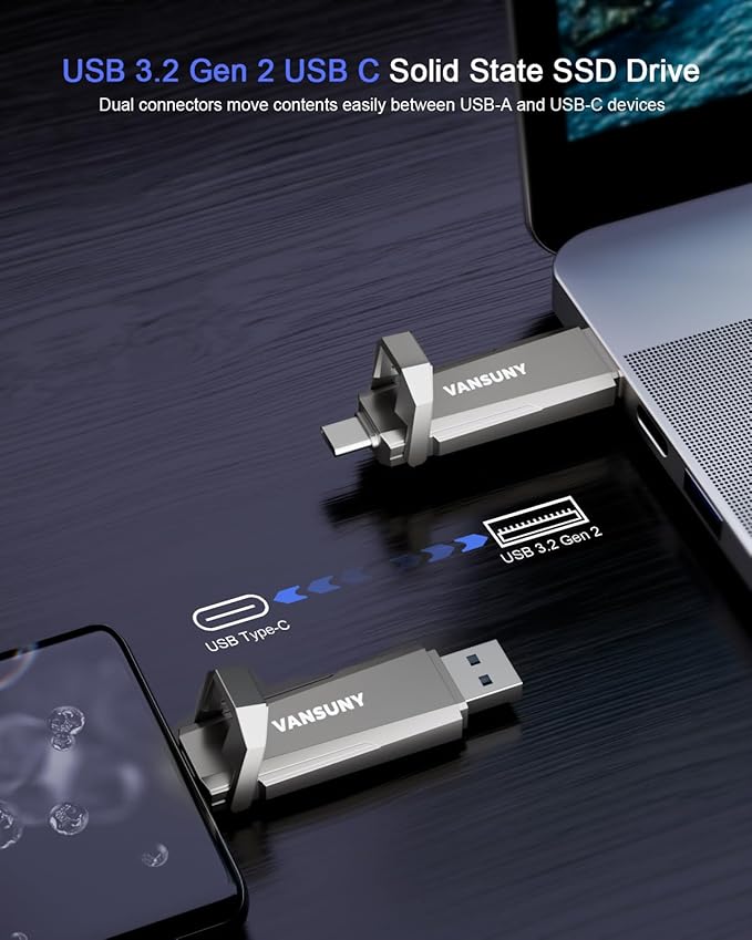 Vansuny 1TB USB Solid State Drive Up to 1000MB/s 3.2 Gen 2 Dual SSD USB A + Type C Portable External SSD for Android Phone Tablet Laptop MacBook PC